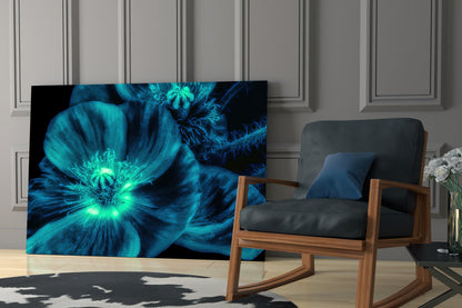 Turquoise Glowing Poppy Petals Glass Wall Art