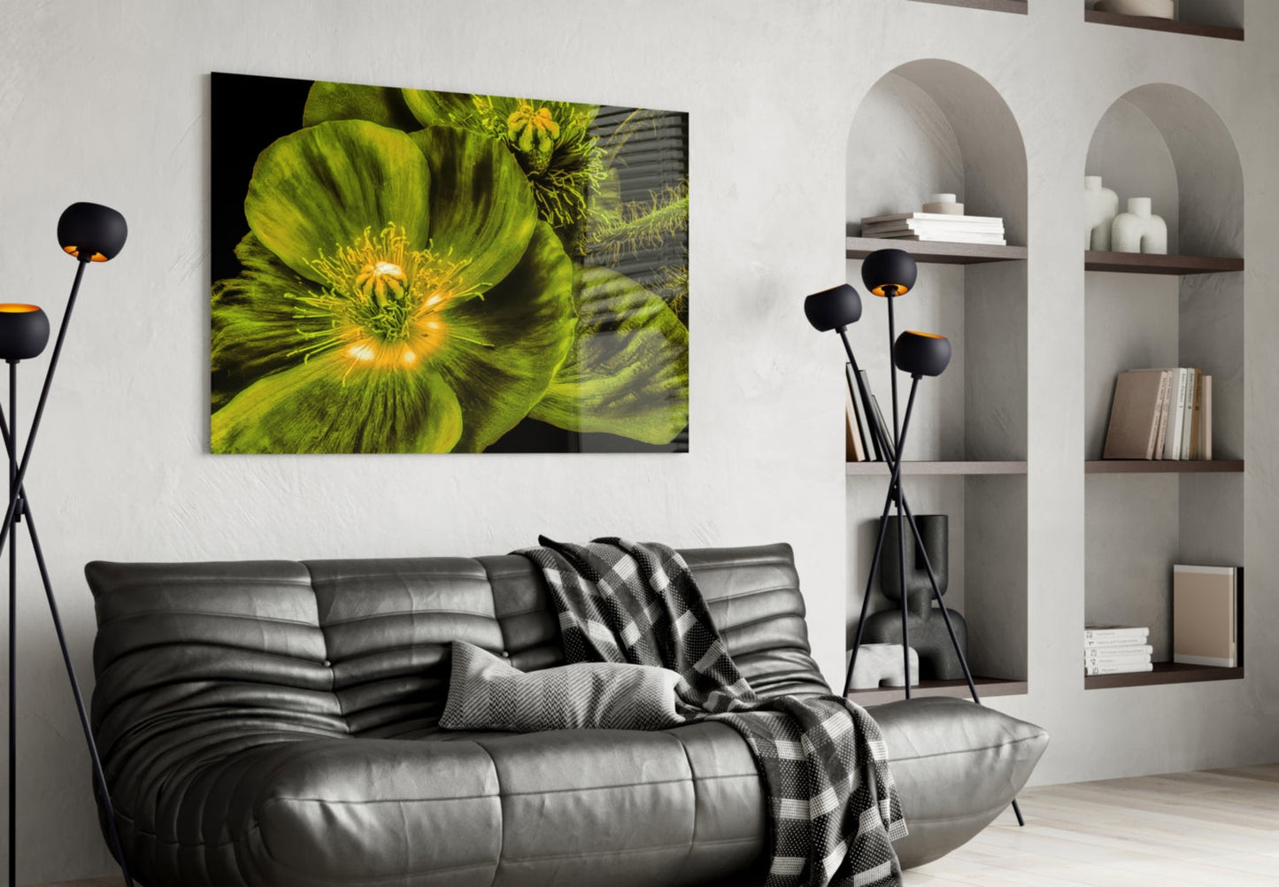 Glowing Chartreuse Poppy Bloom Glass Wall Art