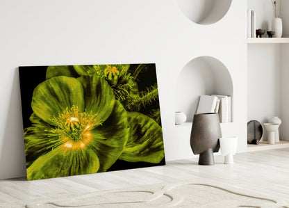 Glowing Chartreuse Poppy Bloom Glass Wall Art
