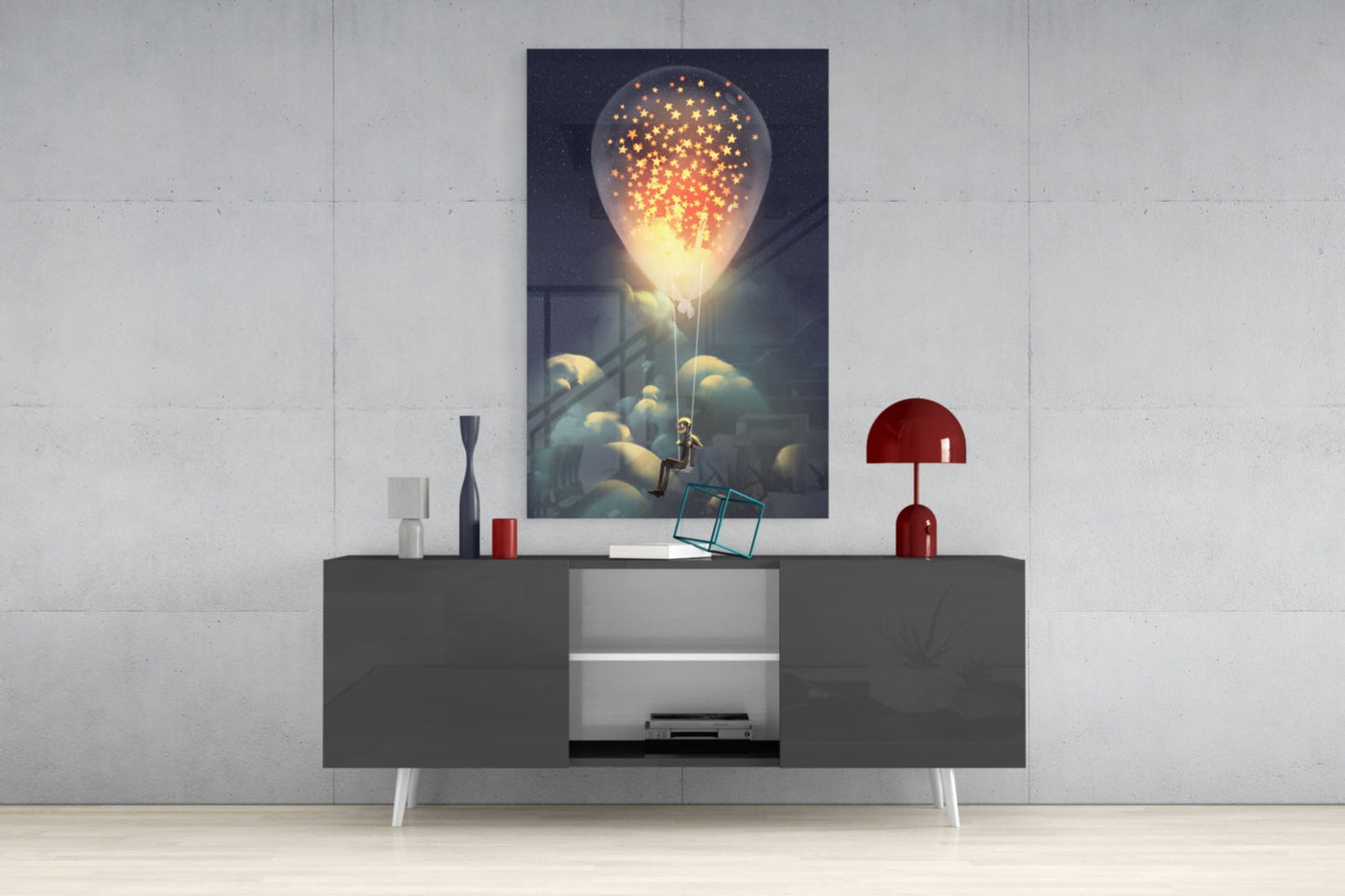 Starry Dream Glass Wall Art displayed above a gray console table with white legs, flanked by a red dome lamp and decorative objects.