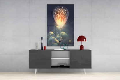 Starry Dream Glass Wall Art displayed above a gray console table with white legs, flanked by a red dome lamp and decorative objects.