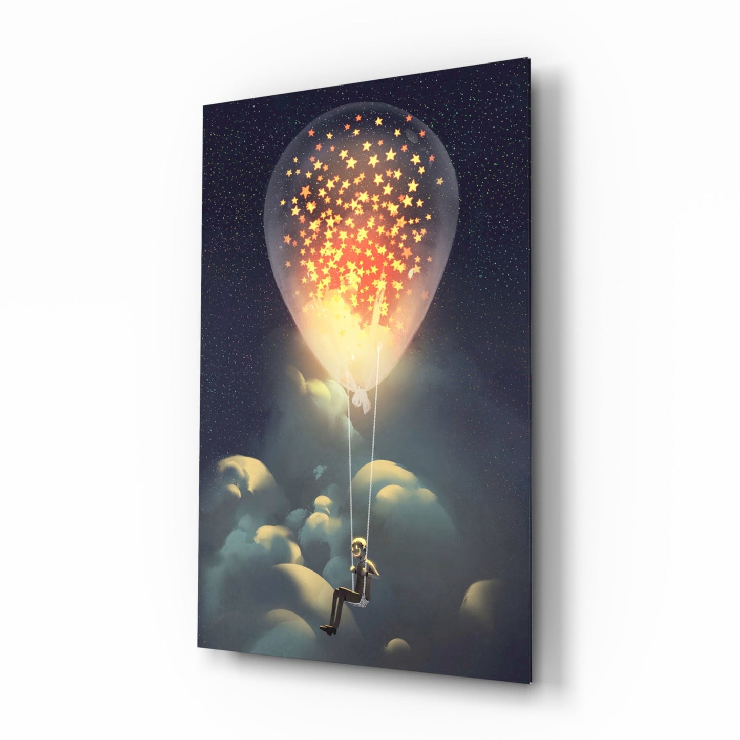 Angled side view of glass wall art showing a silhouetted figure suspended by glowing hot air balloon filled with illuminated golden stars against dark starry sky.