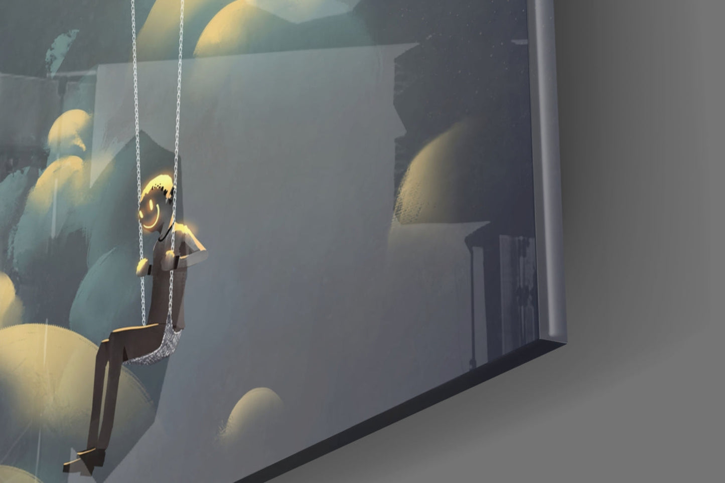 Child on swing suspended before illuminated glass wall art featuring glowing orbs and silhouetted figures in warm golden light.