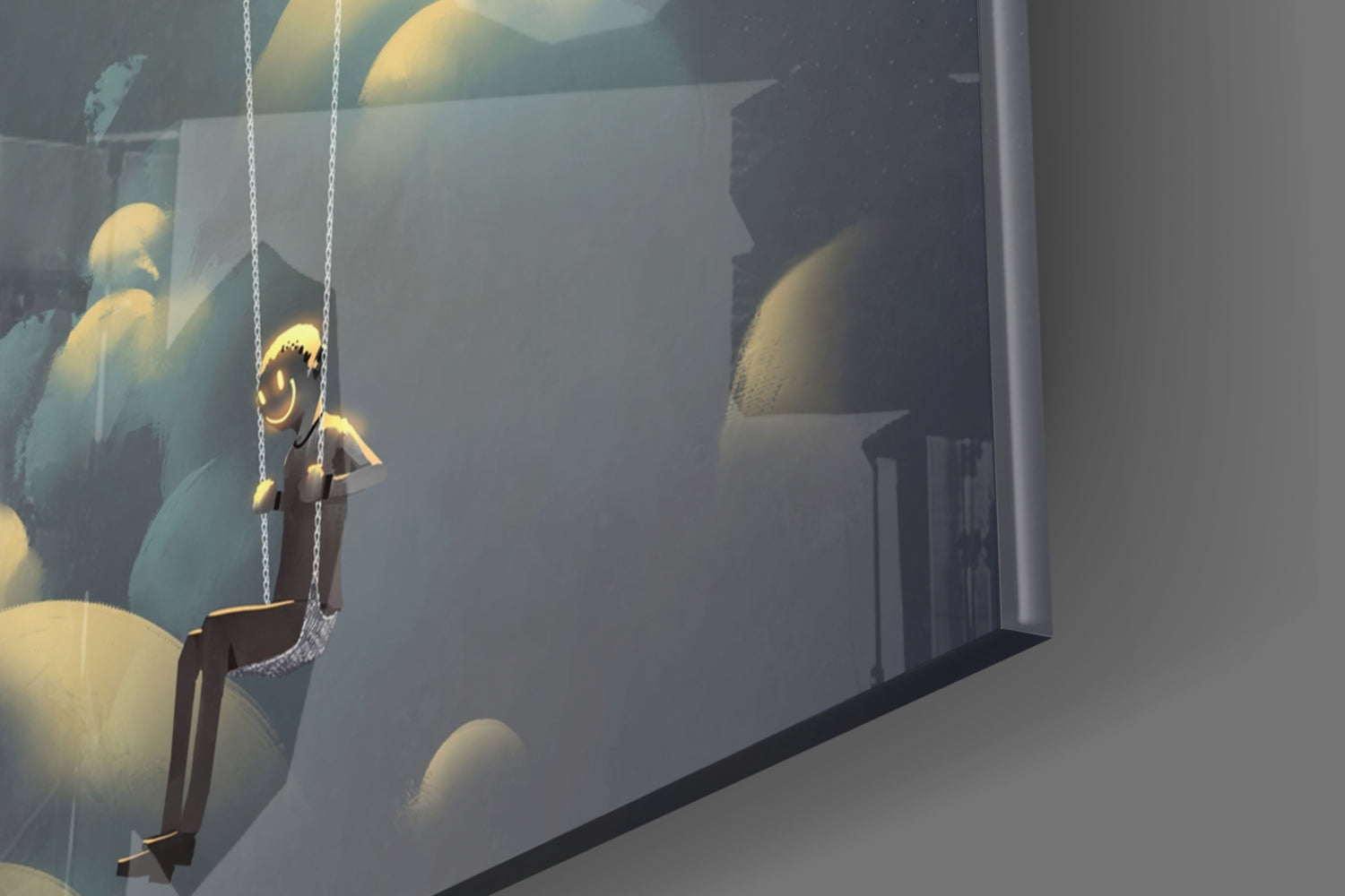 Child on swing suspended before illuminated glass wall art featuring glowing orbs and silhouetted figures in warm golden light.