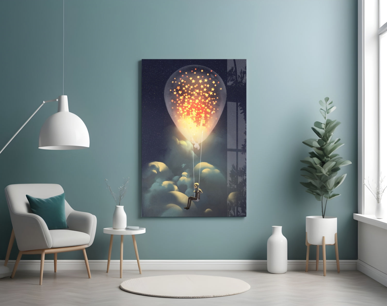 Starry Dream Glass Wall Art displayed on a teal wall above a white armchair in a minimalist room interior.