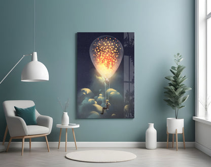Starry Dream Glass Wall Art displayed on a teal wall above a white armchair in a minimalist room interior.