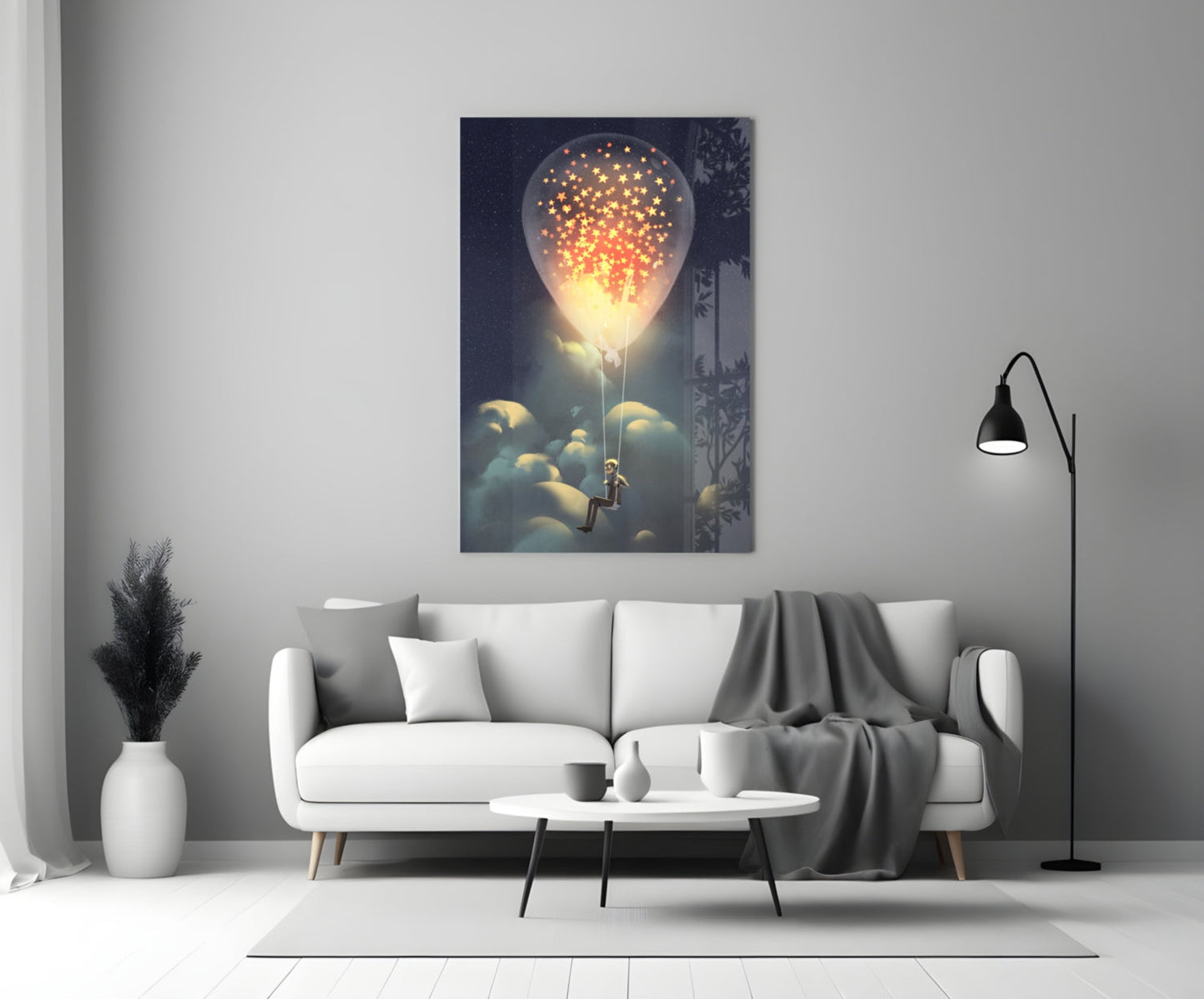 Starry Dream Glass Wall Art displayed above a white sofa in a modern living room with decorative accessories.
