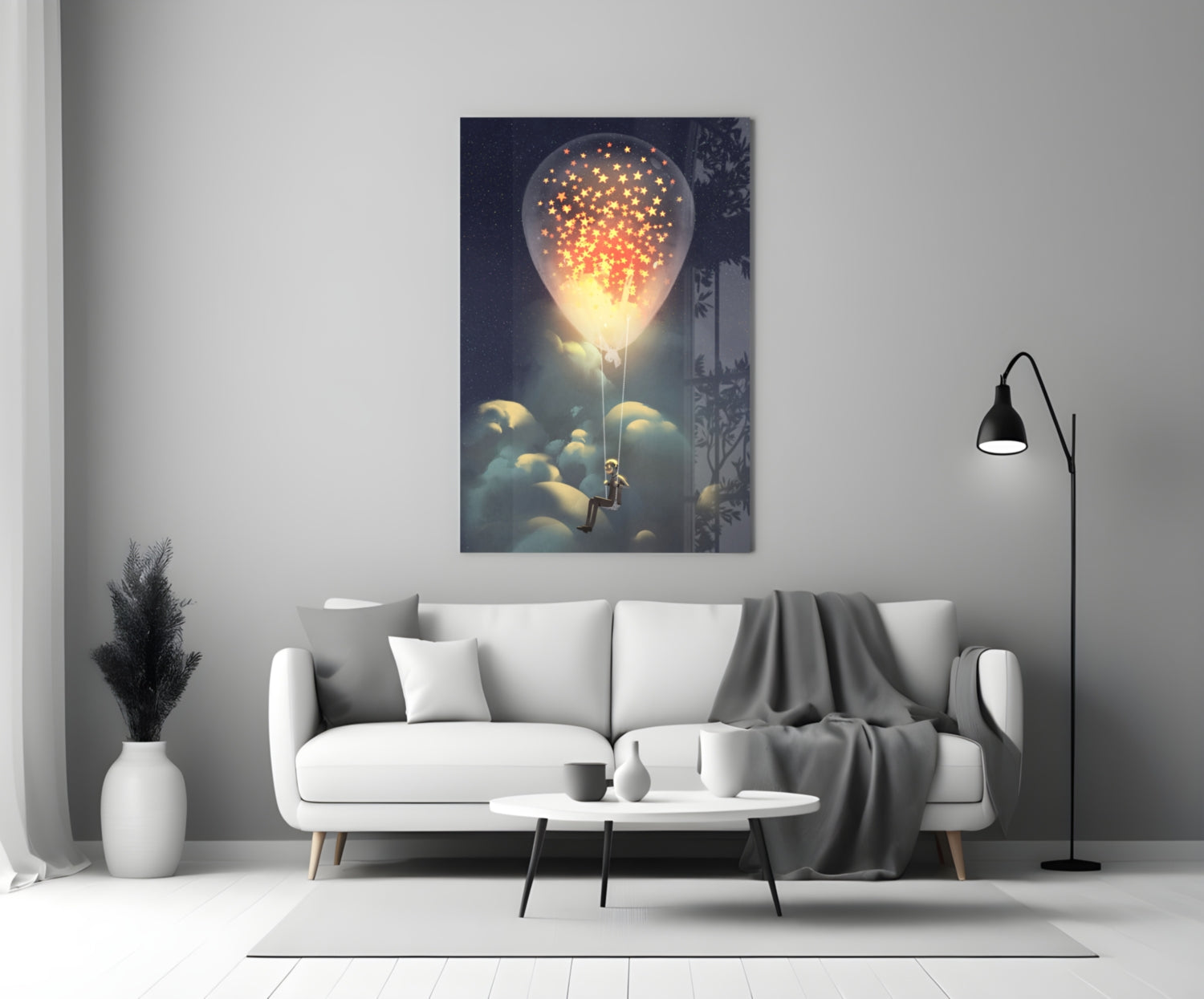 Starry Dream Glass Wall Art displayed above a white sofa in a modern living room with decorative accessories.