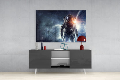 Cosmic Sun Flare Astronaut Glass Wall Art