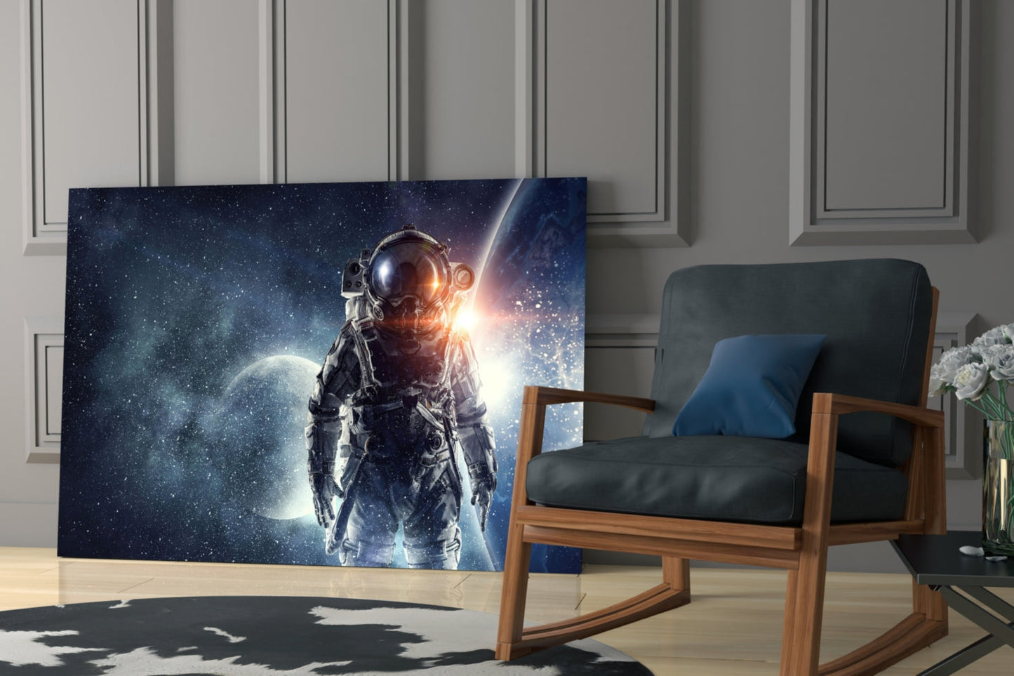 Cosmic Sun Flare Astronaut Glass Wall Art