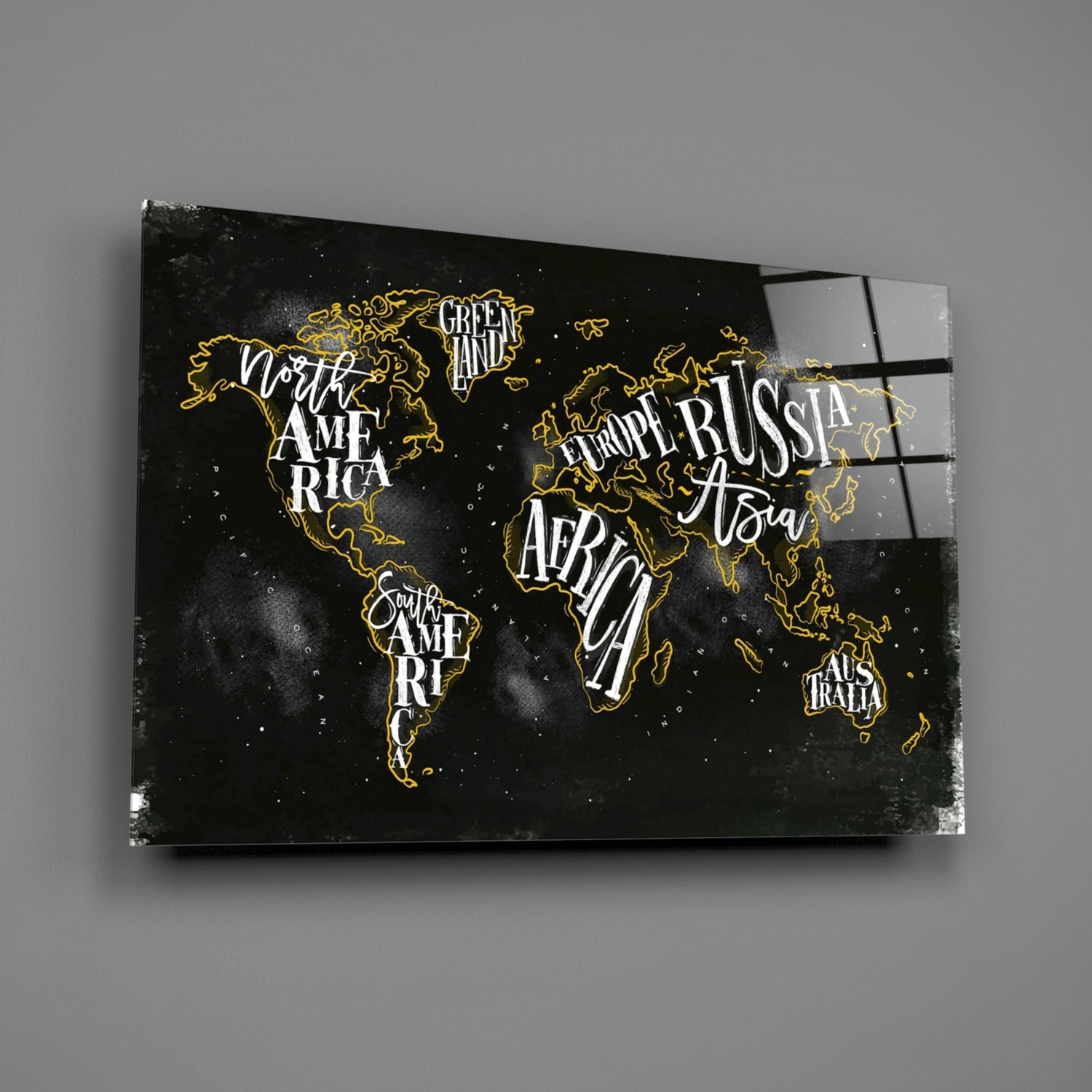 Black canvas world map with gold outlined continents and white regional labels displayed at an angle against gray background.