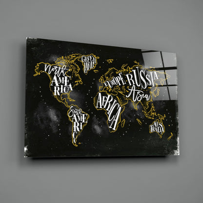 Black canvas world map with gold outlined continents and white regional labels displayed at an angle against gray background.