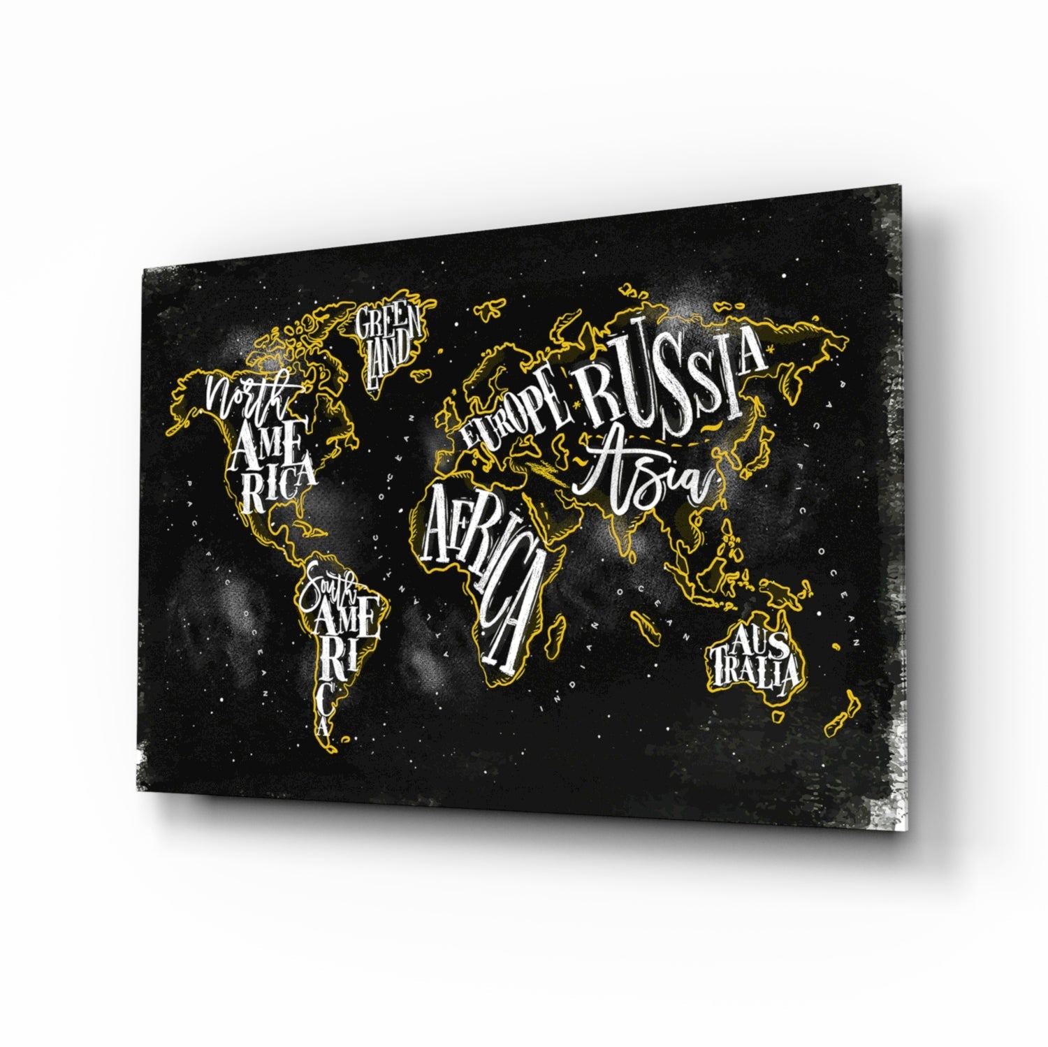 Black canvas world map with gold outlines and white continent labels, displayed at an angle against white background.