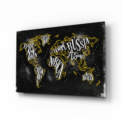 Black canvas world map with gold outlines and white continent labels, displayed at an angle against white background.
