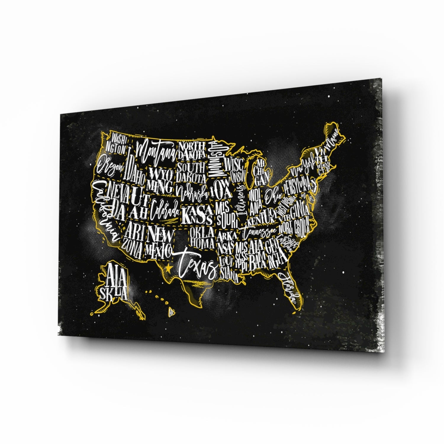 Black glass panel with gold-outlined USA map and state abbreviations in white handwritten text on starry background, angled three-quarter view.