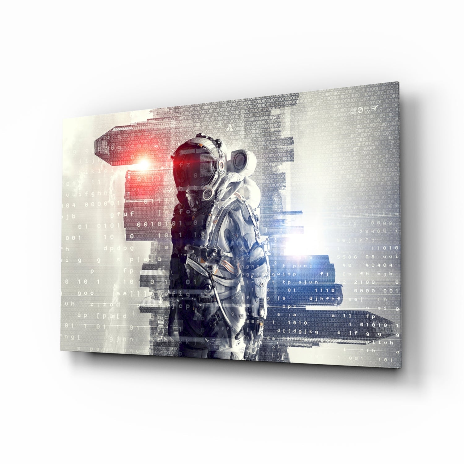 Angled perspective view of glass wall art featuring an astronaut in white suit with red helmet visor, layered with binary code and digital elements in red and blue tones.