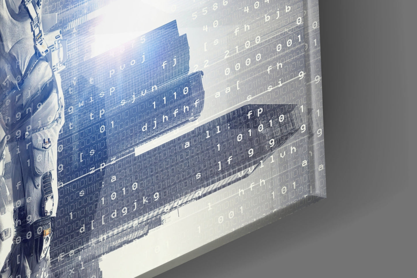 Angled view of frosted glass wall art displaying blue-toned astronaut figure with overlaid binary code and hexadecimal characters.