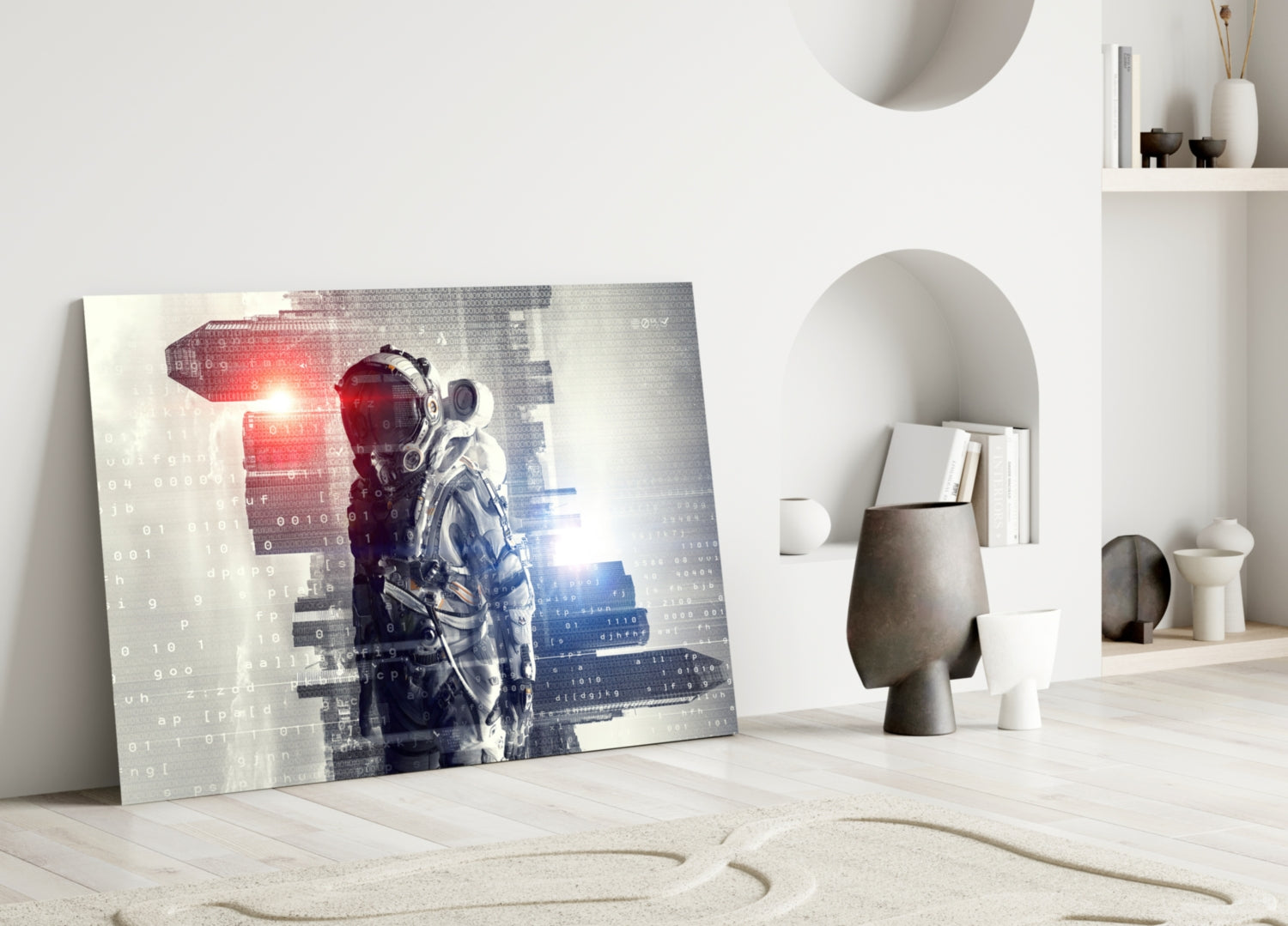 Digital Astronaut Glass Wall Art leaning against white wall in minimalist interior with red and blue digital overlay effect on astronaut figure.