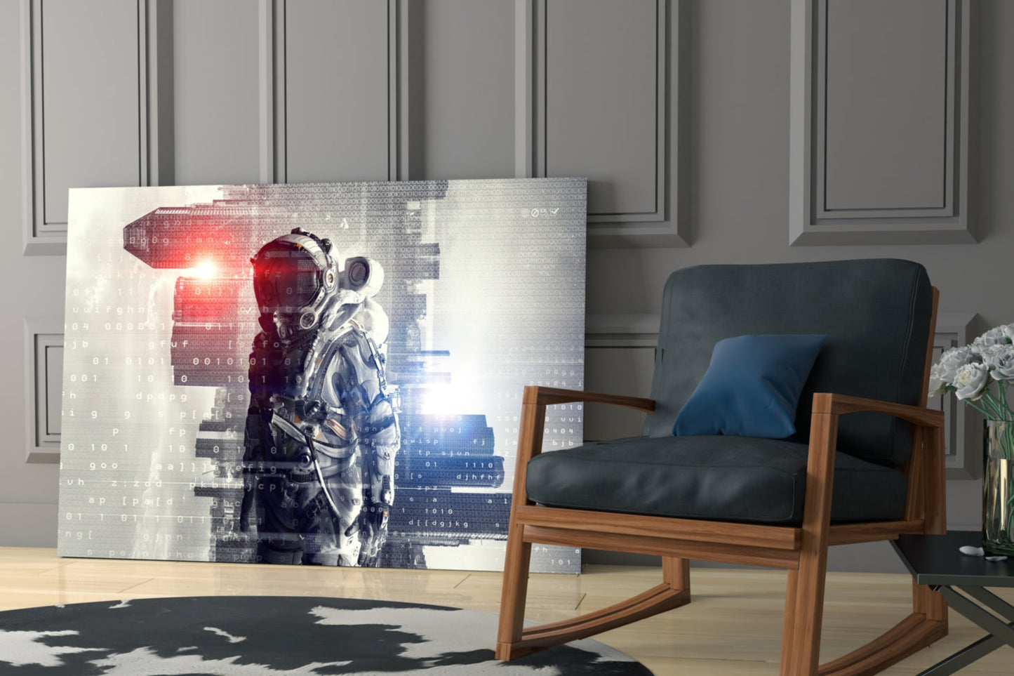 Digital astronaut glass wall art displayed in a modern room with wood-framed chair, showing red and blue glowing figure with binary code overlay.