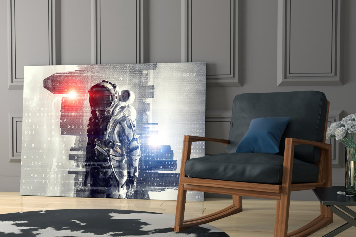 Digital astronaut glass wall art displayed in a modern room with wood-framed chair, showing red and blue glowing figure with binary code overlay.