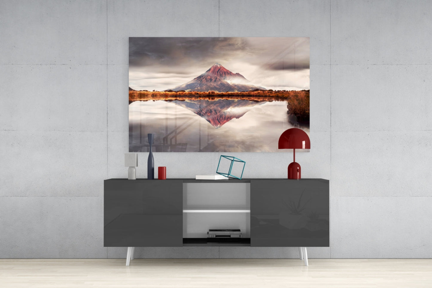 Rust Red Peak Mirrored in Still Lake Glass Wall Art