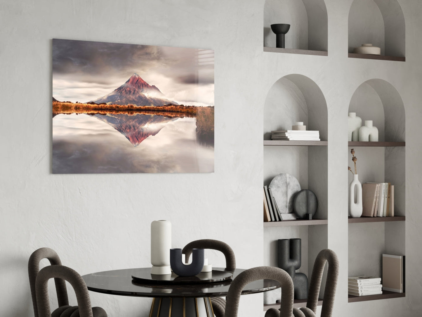 Rust Red Peak Mirrored in Still Lake Glass Wall Art