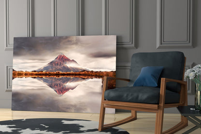 Rust Red Peak Mirrored in Still Lake Glass Wall Art