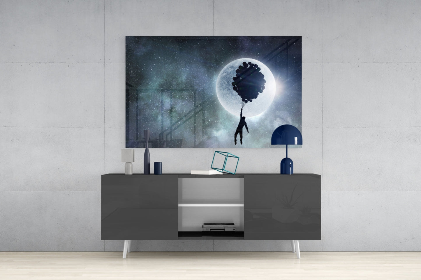 Man Floating on Balloons Full Moon Glass Wall Art