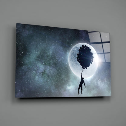 Man Floating on Balloons Full Moon Glass Wall Art