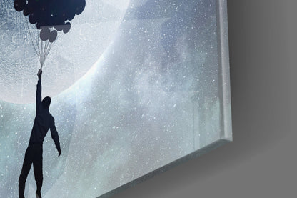 Man Floating on Balloons Full Moon Glass Wall Art