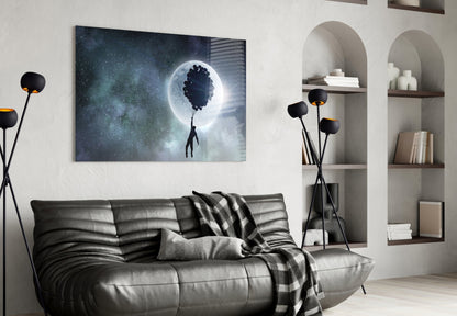 Man Floating on Balloons Full Moon Glass Wall Art