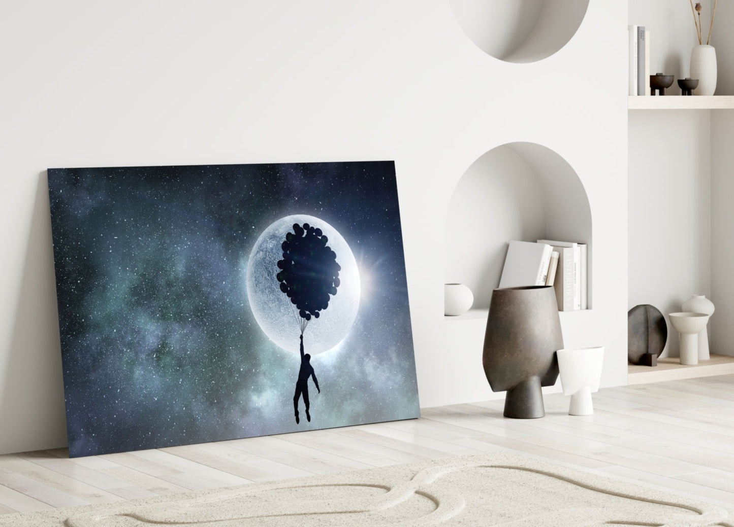 Man Floating on Balloons Full Moon Glass Wall Art