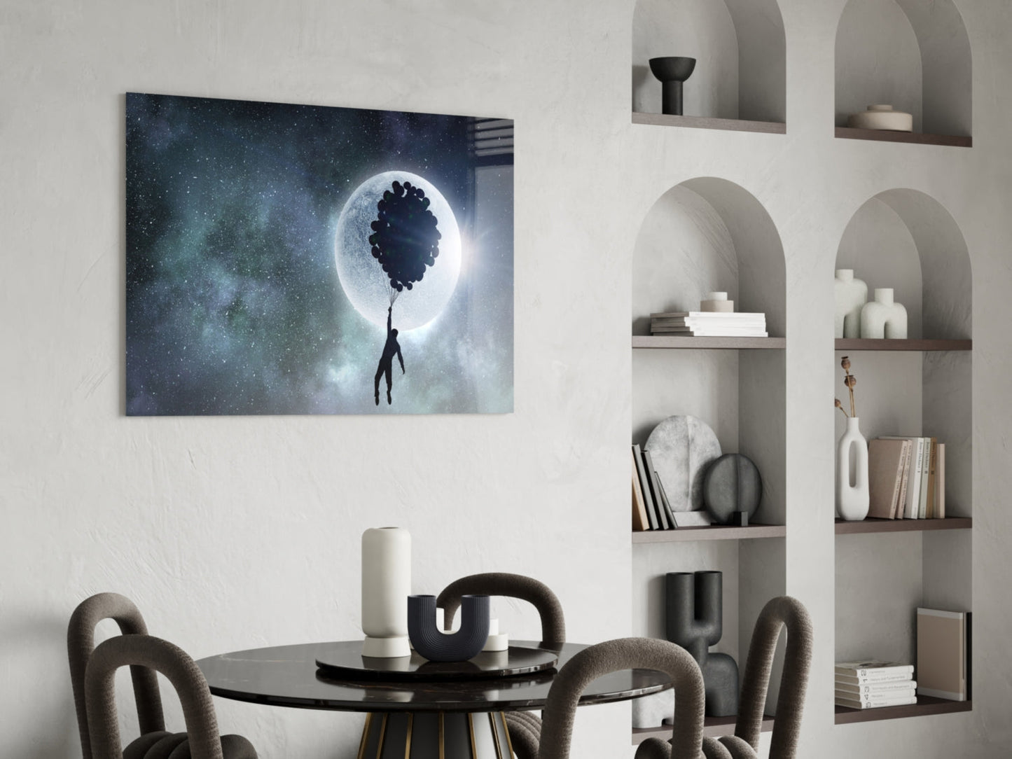 Man Floating on Balloons Full Moon Glass Wall Art