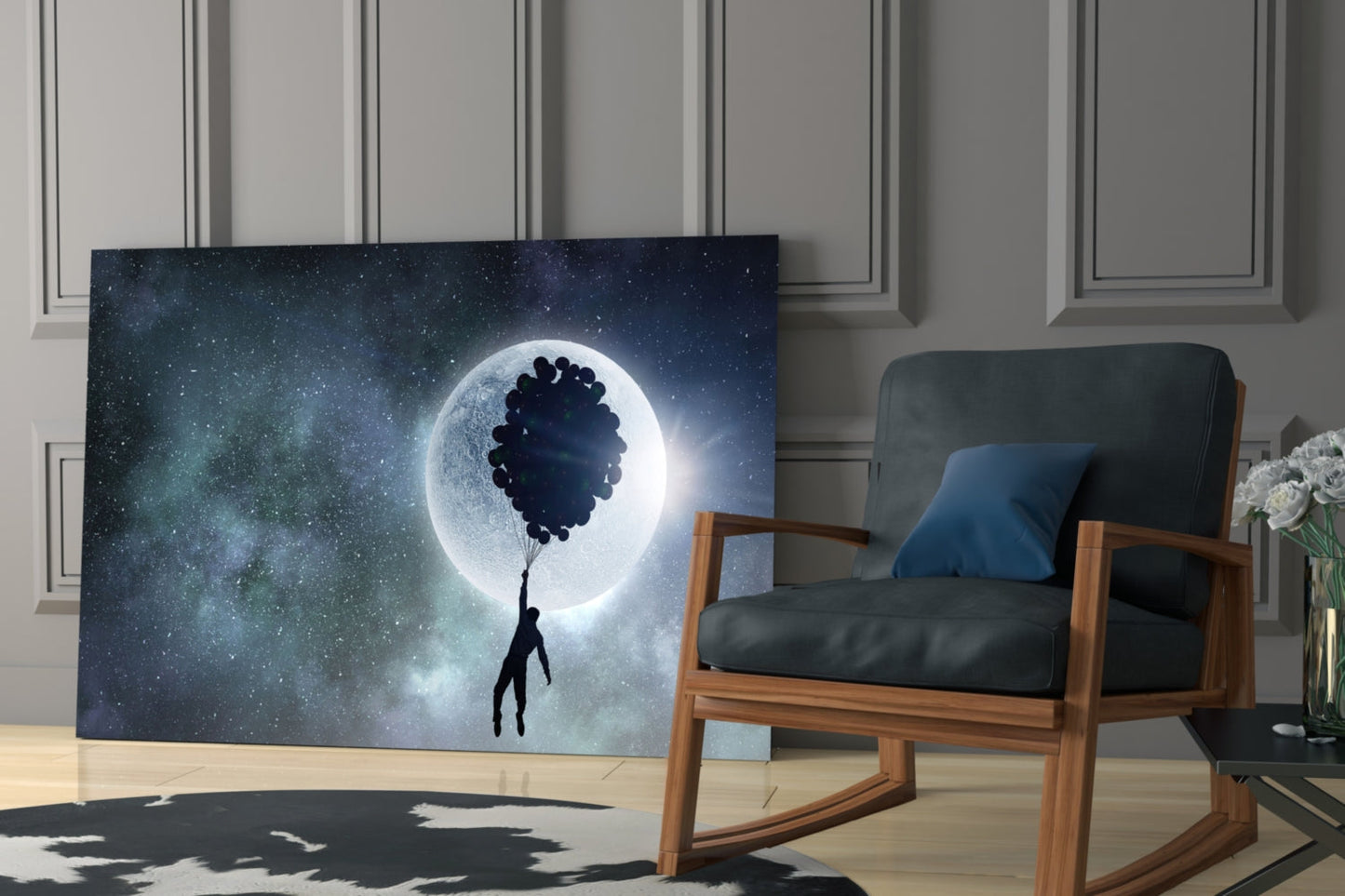 Man Floating on Balloons Full Moon Glass Wall Art