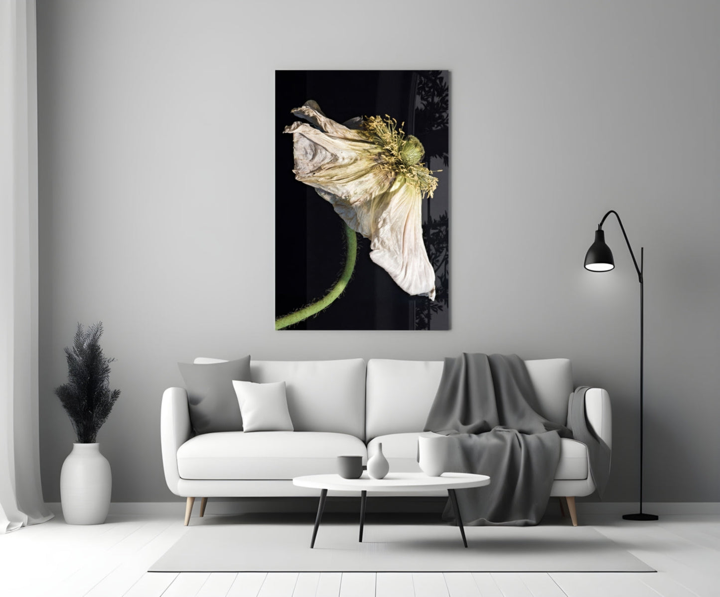 Dried White Poppy Stem Glass Wall Art