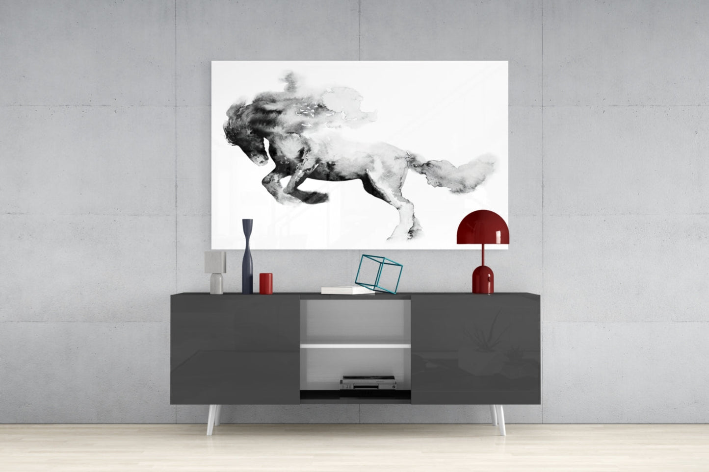 Ink Smoke Galloping Horse Glass Wall Art
