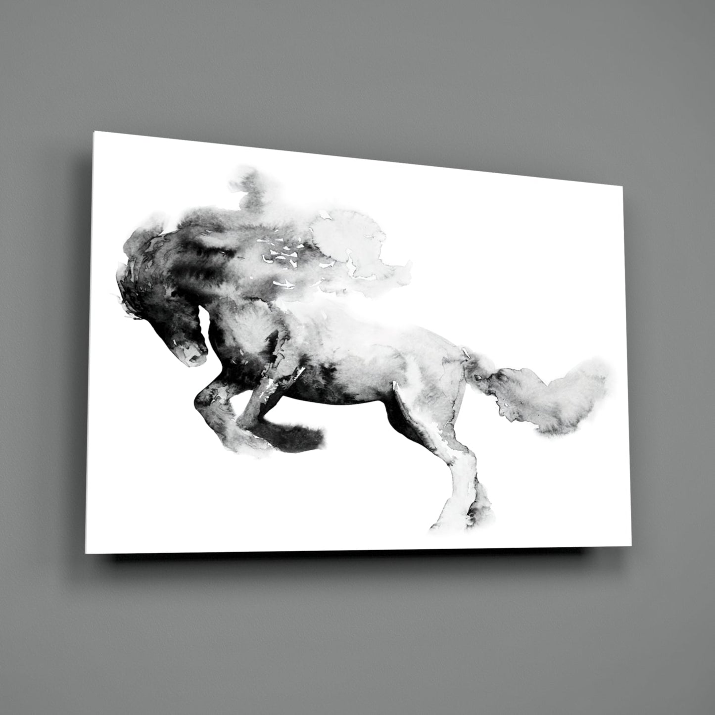 Ink Smoke Galloping Horse Glass Wall Art