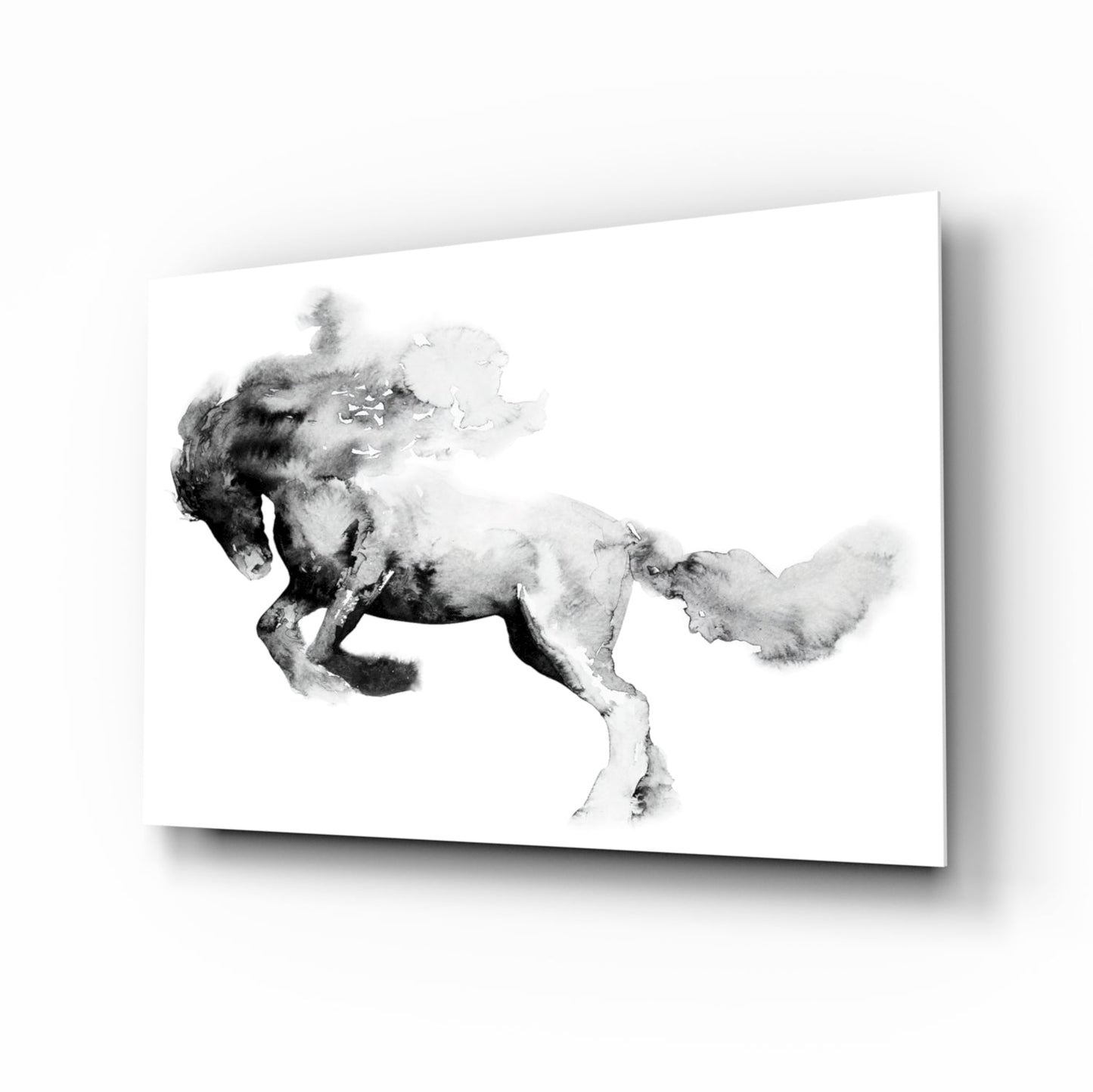 Ink Smoke Galloping Horse Glass Wall Art