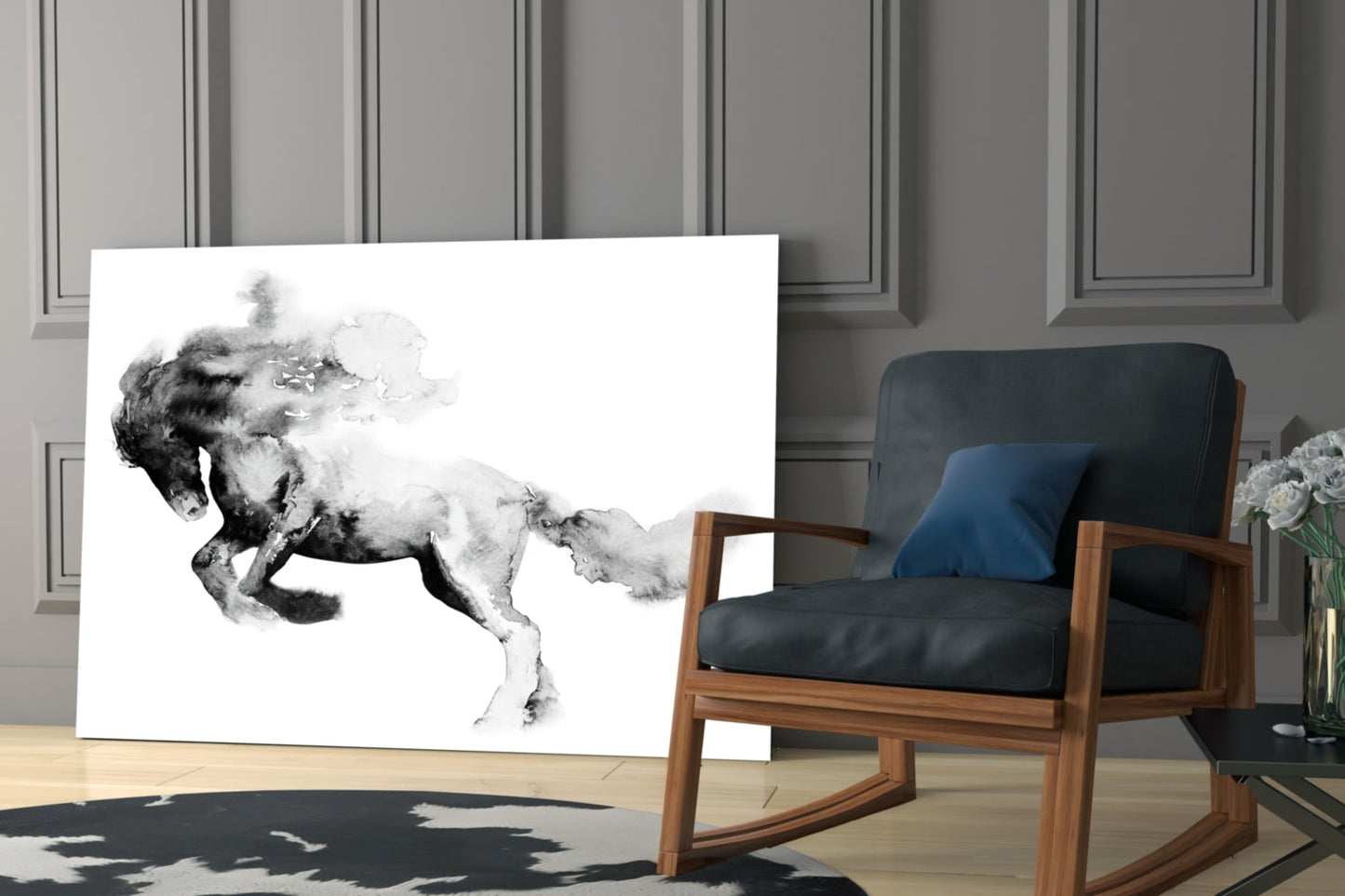Ink Smoke Galloping Horse Glass Wall Art