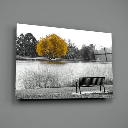 Black metal bench on gravel facing calm water with solitary golden tree and windmill in desaturated landscape.