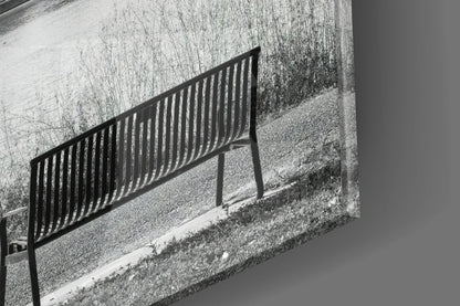 Black metal bench casting striped shadow on textured concrete surface beside overgrown vegetation.