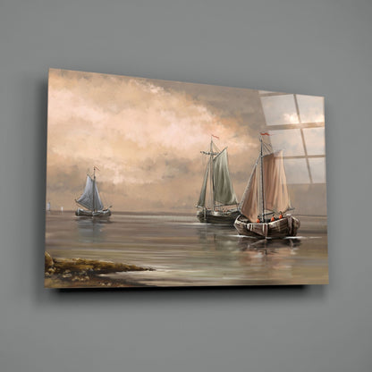 Misty Harbor Fishing Boats Sepia Glass Wall Art