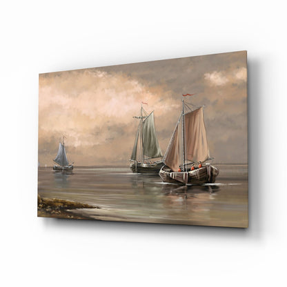 Misty Harbor Fishing Boats Sepia Glass Wall Art