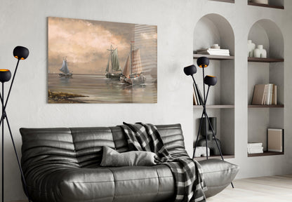 Misty Harbor Fishing Boats Sepia Glass Wall Art