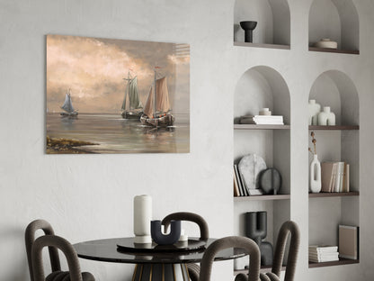 Misty Harbor Fishing Boats Sepia Glass Wall Art