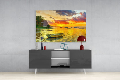 Sunset Fishing canvas print displayed above gray TV console with white legs and decorative red lamp.
