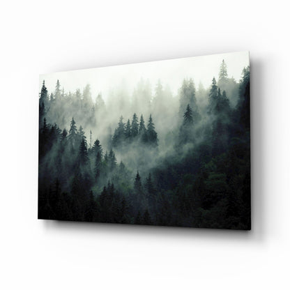 Misty forest landscape with layered evergreen trees fading into fog, displayed as angled glass wall art on white background.