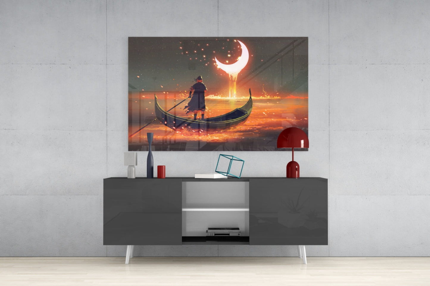 Golden Molten Moon Rower Sunset Glass Wall Art