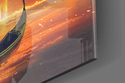 Golden Molten Moon Rower Sunset Glass Wall Art