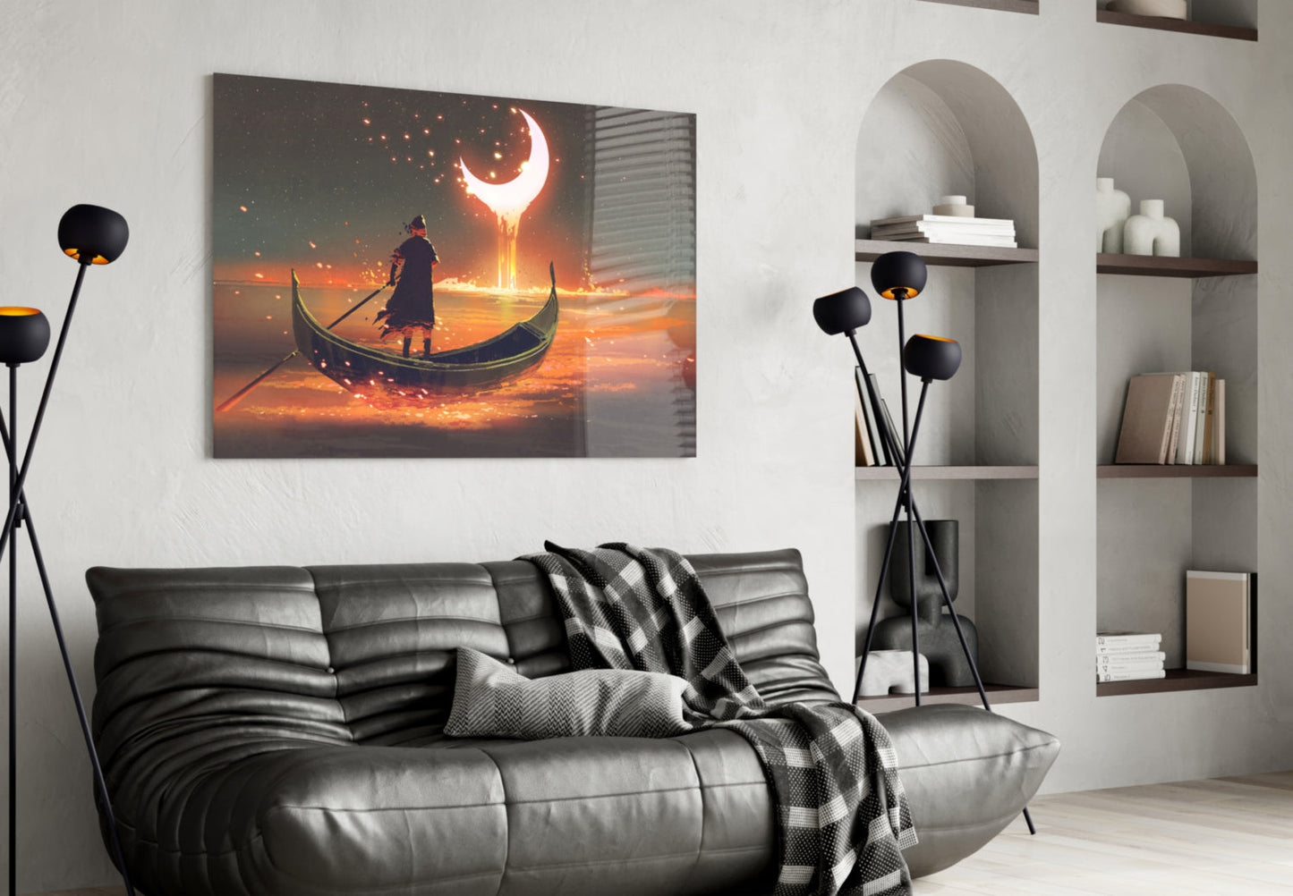 Golden Molten Moon Rower Sunset Glass Wall Art